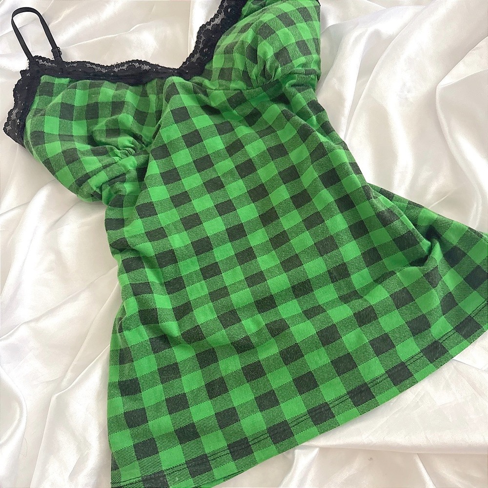 Green Black Plaid Lace Trim Cami Top Ruched Bust Y2K Grunge Size L